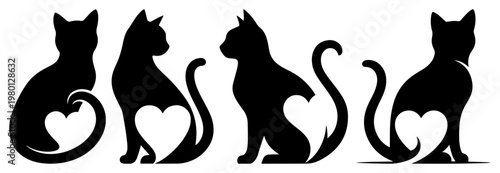 Cat silhouettes with heart shapes in various poses in black and white graphic style