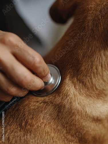 Close-up of a veterinary health check as a professional uses a stethoscope on a dog, representing pet care, wellness, diagnosis, and responsible animal ownership
