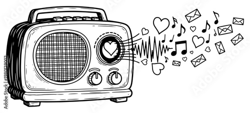 Vintage radio playing love songs with hearts and notes in hand drawn sketch style