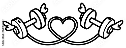 Dumbbells with wings connected by heart shaped line in minimalist doodle style