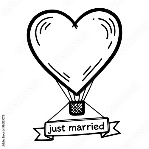 Heart shaped hot air balloon with just married banner in simple doodle style