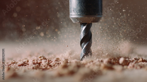 Macro action shot of a drill bit cutting into a surface with dust particles in motion, perfect for construction, power tools, and industrial work themes