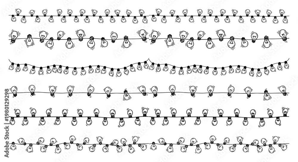 Fototapeta premium String lights with birds sitting on wire in sketchy hand drawn style