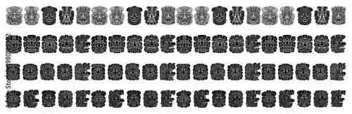 Ethnic tiki masks and tribal heads collection in detailed engraving sketch style