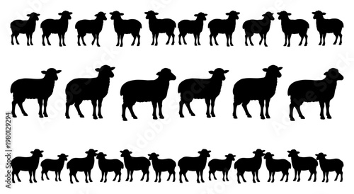 Sheep and lambs silhouette rows for farm or spring themed design