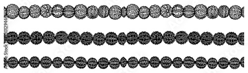 Rudraksha beads garland borders for sacred prayer and meditation in detailed black and white engraving style