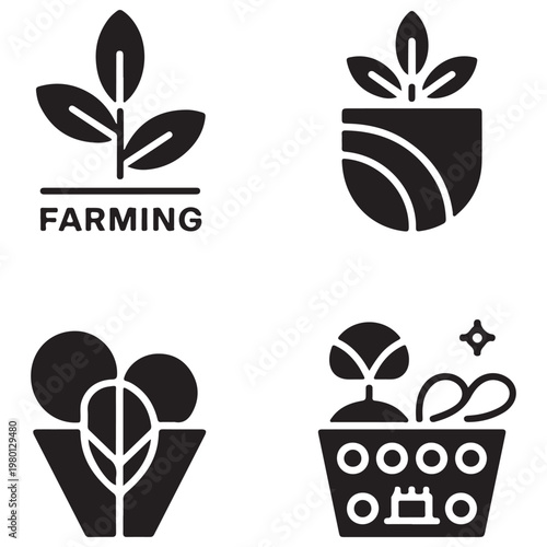 Black and white icons of plants and farming