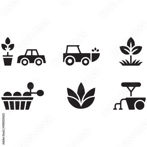 A set of gardening icons including plants and a wheelbarrow