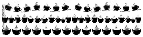 Steaming coffee cups arranged in rows for cafe borders in silhouette style