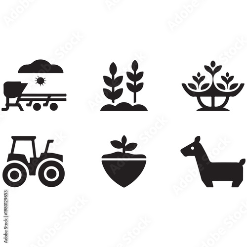 Agricultural icons featuring farming and plant growth symbols