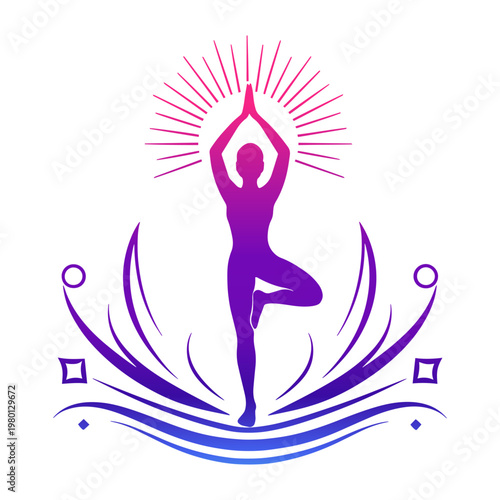 Yoga Tree Pose Silhouette with Abstract Sunburst Halo and Decorative Floral Flourishes - Elegant Purple and Blue Gradient Design for Meditation, Wellness, and Zen Branding