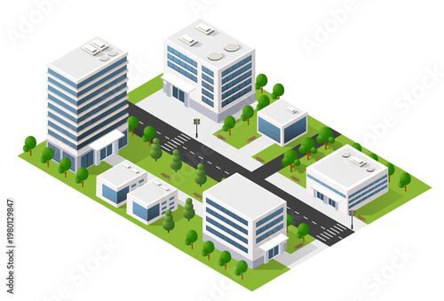 Isometric urban city plan with modern buildings