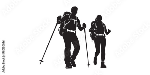Silhouette of hiker. Collection of male and female hiker. mountaineer climber hiker people, vector silhouette collection. hiking man and woman with rucksack silhouette. Backpacker and climber people.