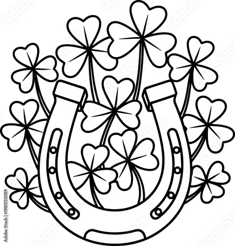 St. Patrick's Day horseshoe and shamrock illustration, good luck symbol
