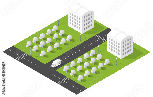 Isometric city planning showing residential buildings and delivery truck