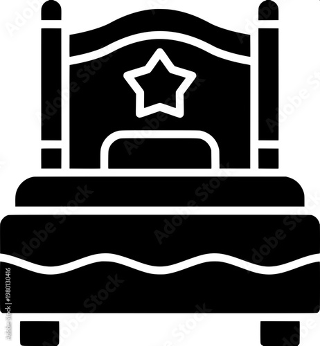 “Simple flat icon of a bedroom bed, side view, bold solid shapes, high-contrast monochrome style.”