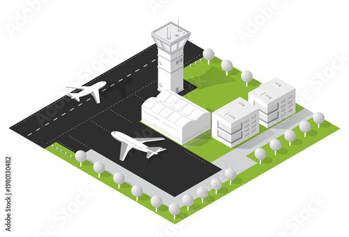 Isometric airport overview with planes and control tower