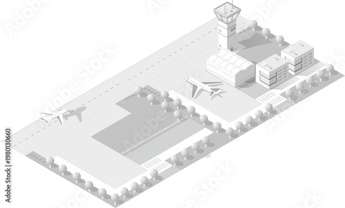 Isometric airport layout showing a commercial airplane on the runway beside a hangar building, ready for air travel
