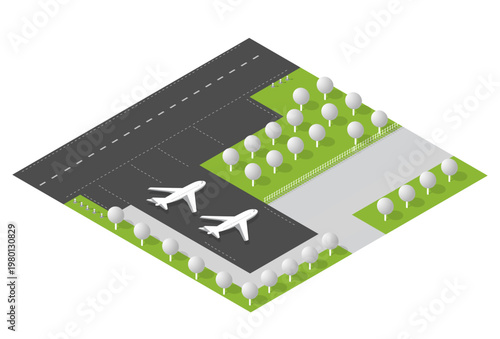 Isometric airport layout showing a commercial airplane on the runway beside a hangar building, ready for air travel