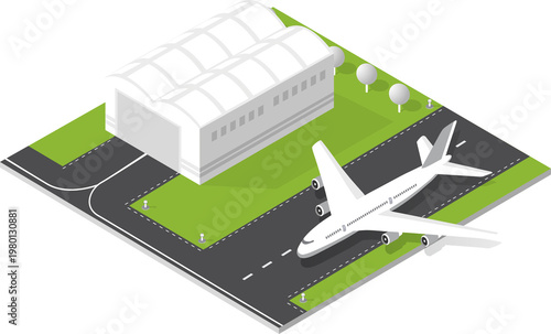Isometric airport layout showing a commercial airplane on the runway beside a hangar building, ready for air travel