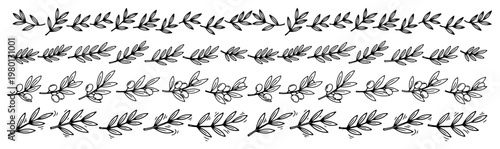 Olive branch and leaf border rows for mediterranean theme in hand drawn line art style