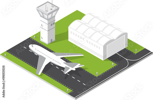 Isometric airport layout showing a commercial airplane on the runway beside a hangar building, ready for air travel