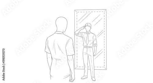 A simple line drawing depicts a man looking at his reflection in a rectangular mirror
