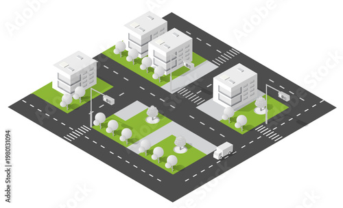 Isometric illustration showing urban city street with residential apartment buildings, green park trees, and a moving delivery truck