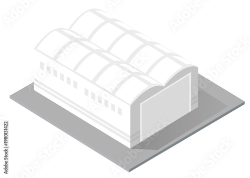Isometric industrial warehouse or hangar building. Modern architecture for storage, logistics, and shipping on a white background