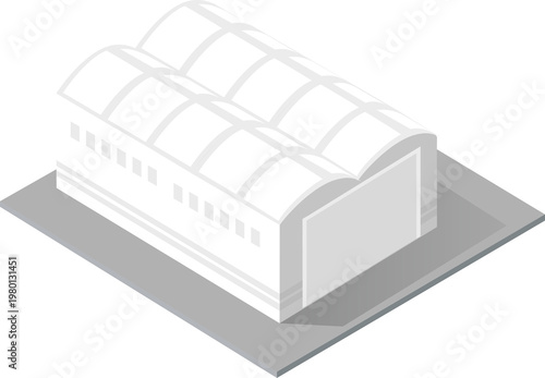 Isometric industrial warehouse or hangar building. Modern architecture for storage, logistics, and shipping on a white background