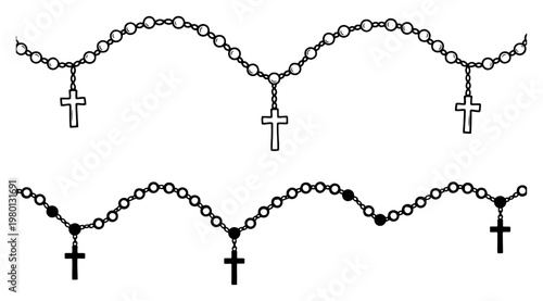 Bild auf Leinwand Rosary beads with crosses hanging in wavy lines in hand drawn style