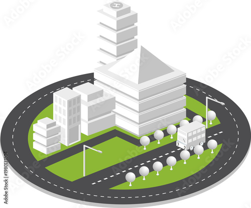 Isometric illustration showing urban city street with residential apartment buildings, green park trees, and a moving delivery truck