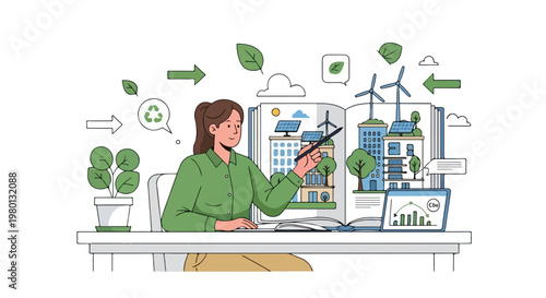 Flat-style vector artwork showing a sustainability consultant reviewing environmentally friendly strategies, highlighting a green career concept, in a minimal design with a white background.