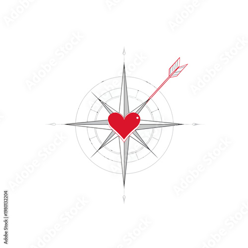 A compass rose graphic with a red heart in the center, pierced by a red and gray arrow
