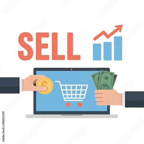 Hands exchanging money for product on laptop screen with sell text and graph