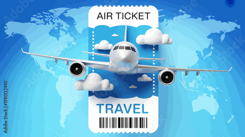 Airplane flying over world map with clouds and air ticket  travel concept