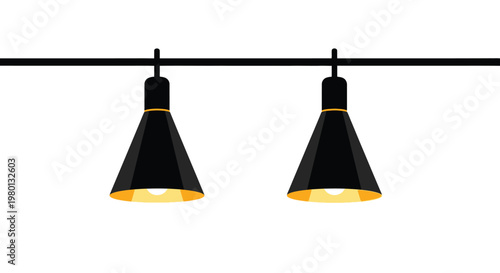 A minimalist illustration depicts two black pendant lights hanging from a simple black track