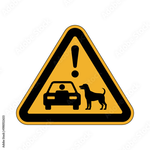 Yellow warning sign with car and dog on road ahead