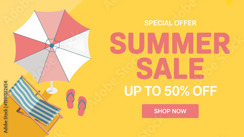 Summer sale advertisement with beach umbrella chair and flip flops on yellow background