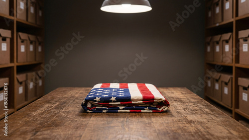 Folded United States Flag on Weathered Wooden Table in Dim Archive Room, Deep Neutral Background, Copy Space, Patriotic Still Life Image