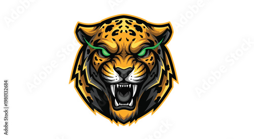 Jaguar mascot head displays a golden predatory face with green eyes and sharp fangs designed for competitive athletics.