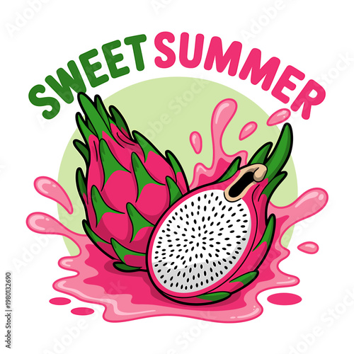 Colorful illustration of dragon fruit with sweet summer text on white background