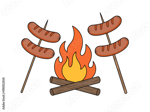 Cartoon sausages on sticks grilled over a campfire outdoor cooking scene