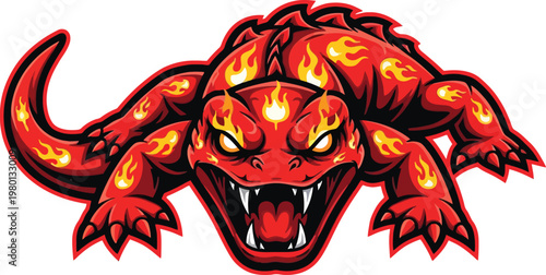 Lizard mascot character depicted in a fierce pose with burning flames across its scales for an intense sports team emblem or dynamic gaming avatar.