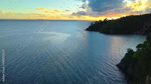 Aerial view of the beach at sunset, in Samana Bay, Dominican Republic.