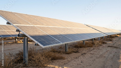 Solar Cells Aligned In Desert Solar Farm With Mounting Rails And Light Surface Dust Under Clear Morning Sky, Alternative Energy Industrial Landscape
