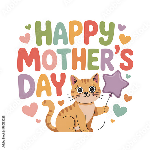 Happy Mother's Day greeting card with a cute cat holding a star balloon surrounded by hearts and colorful letters