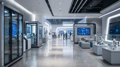 High Tech Exhibition Hall With Demonstration Pods, Transparent Display Cases And Collaborative Presentation Areas, Clean Conference Technology Backdrop