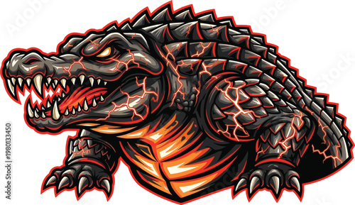 Crocodile monster with glowing molten lava scales displays a menacing posture and sharp teeth.