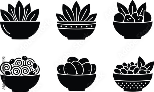 set of six minimalist black and white food bowl icons with avocado, noodles, and dumplings vector illustration